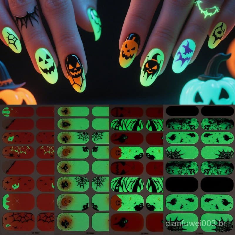 Conjunto de Adesivos de Unhas Brilhantes no Escuro para Halloween Zhengxiang, Adesivos de Unhas Adesivos para Festas de