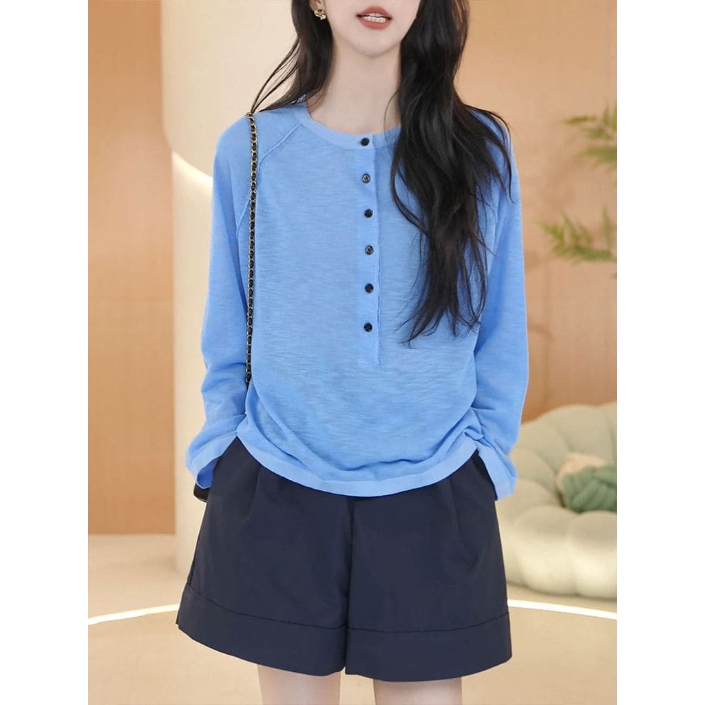 Henry colarinho azul manga comprida camiseta feminina início do outono 2026 novo estilo High-End topo camisa de fundo fe