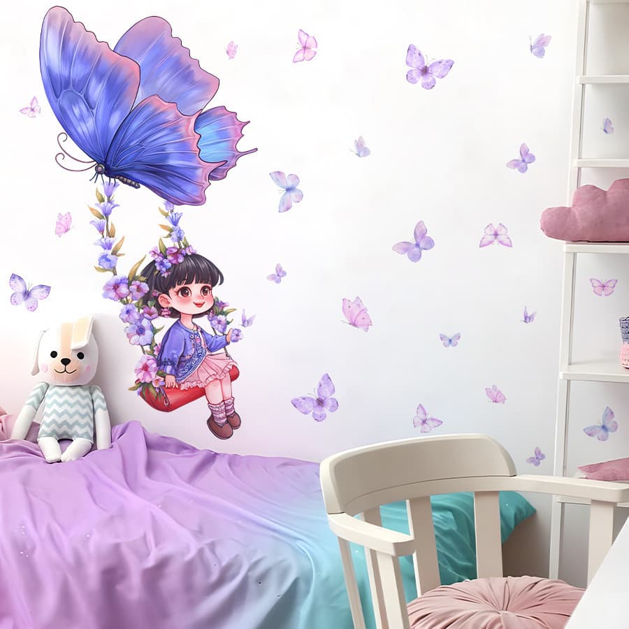 Adesivos de parede dos desenhos animados borboleta flor balanço auto-adesivo decorativo adesivos de parede adesivos deco