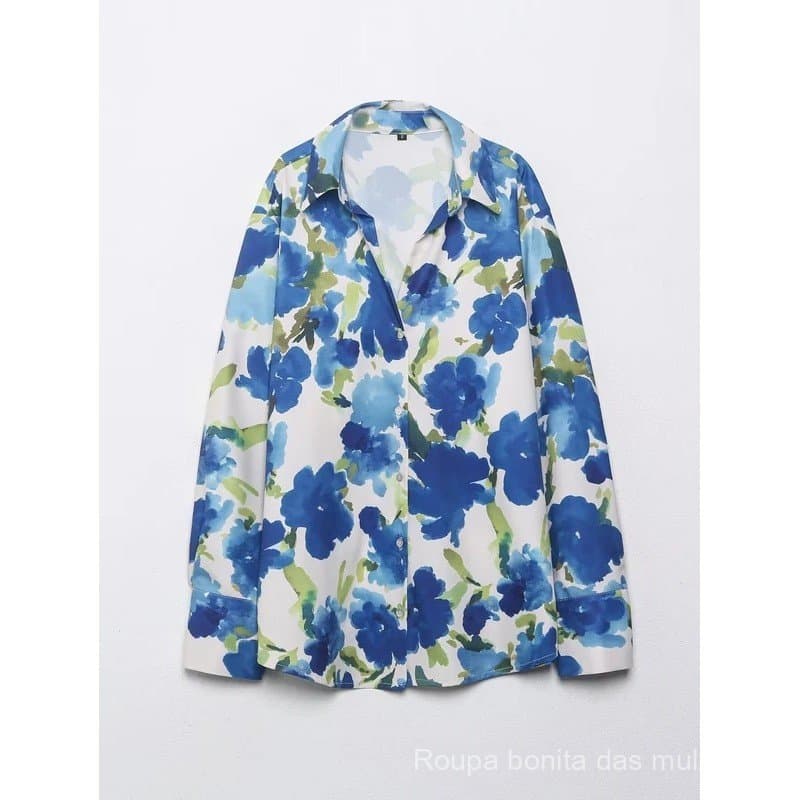 Roupa feminina nova de primavera no estilo europeu e americano, camisa solta de manga comprida com gola, estampada e com