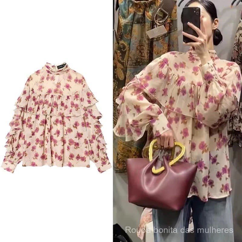Blusa Feminina de Primavera com Botões e Babados, Camisa Decorativa Estampada, Moda Feminina, Tendência Turística, Roupa