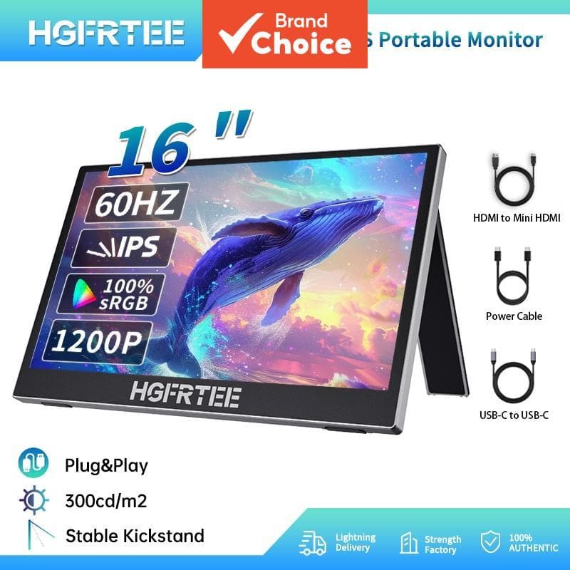 Monitor portátil HGFRTEE de 16 polegadas com suporte, 60 Hz, 1200P, 100% sRGB, extensão de tela para laptop para jogos e