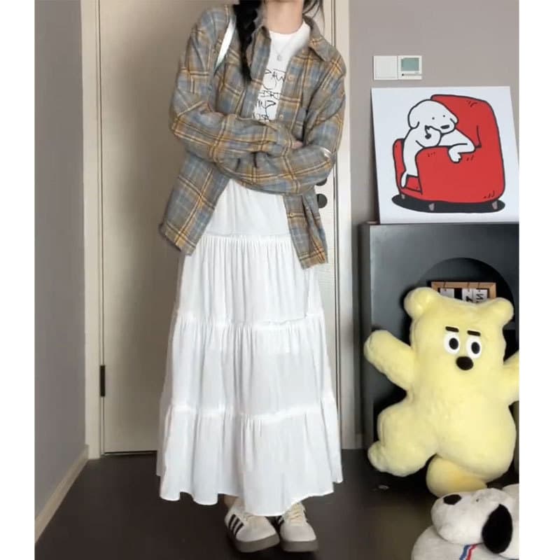 Saia branca feminina novo estilo primavera cintura alta a linha saia Drape mais magro olhar saia longa moda bolo saia Su