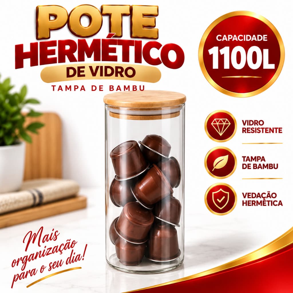 Pote Mantimento Hermético Redondo em Vidro Borosilicato com Tampa de Bambu 1.100L