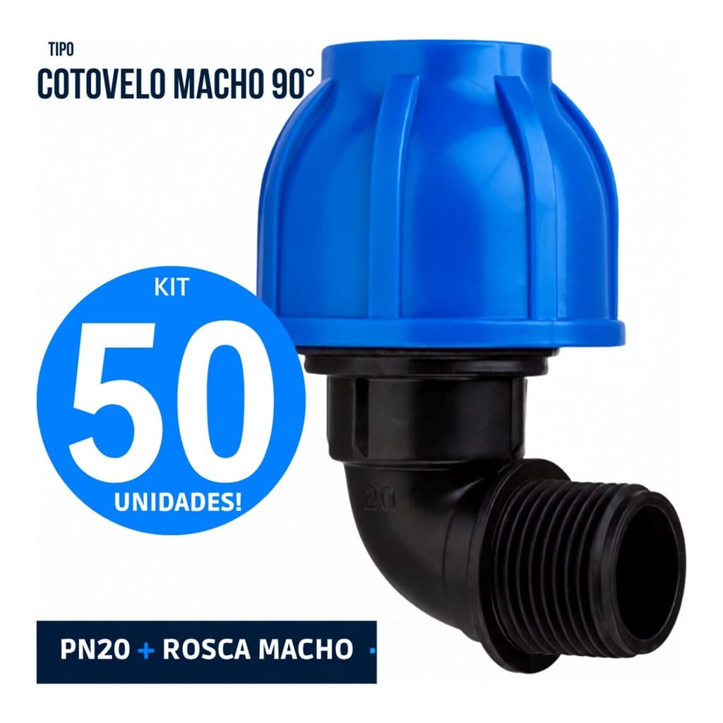 Kit 50 Cotovelos Macho de Compressão PEAD 25mm x 3/4" PN 20 Pietrobon - Conexão 90° Rosca Macho para Tubo PEAD Água Fria