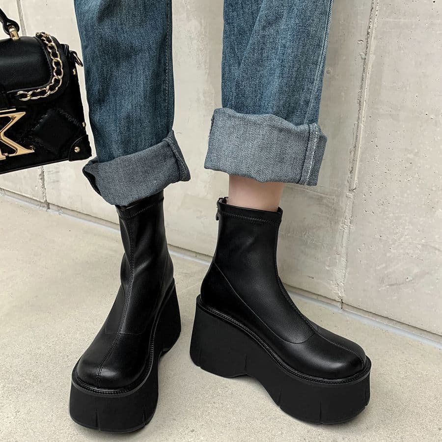 Botas curtas de sola grossa de salto alto de inverno femininas, botas longas combinadas femininas, botas femininas