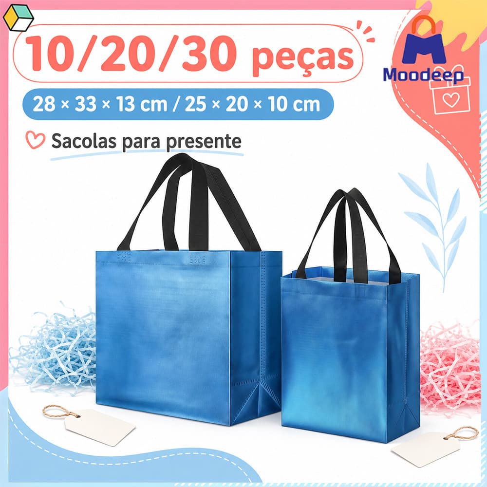 33 x 28 x 13 cm / 25 x 20 x 10 cm, 10/20/30 peças Sacolas Azuis Reutilizáveis Impermeáveis para Festas e Compras