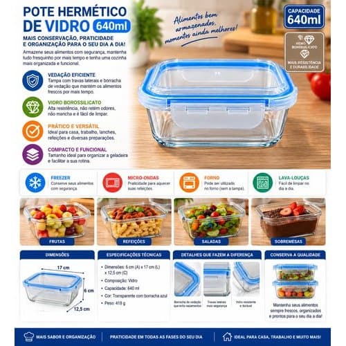 Pote Hermético Vidro Retangular 640ml Vedação Segura Conserva Frescor Alimentos