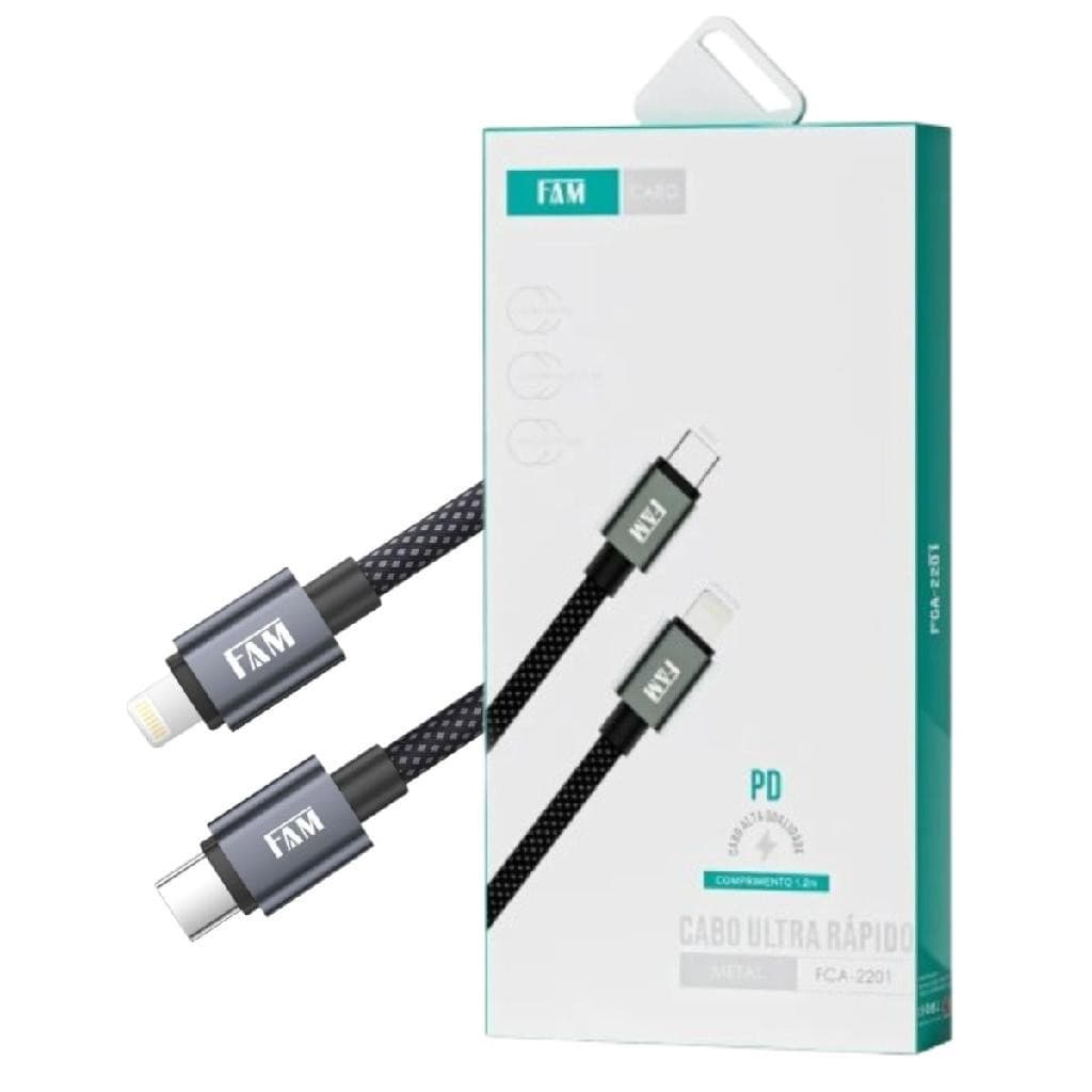 Cabo De Carregamento E Transferência De Dados USB Tipo C E Lightning FAM FCA-2201 1.2M Preto.