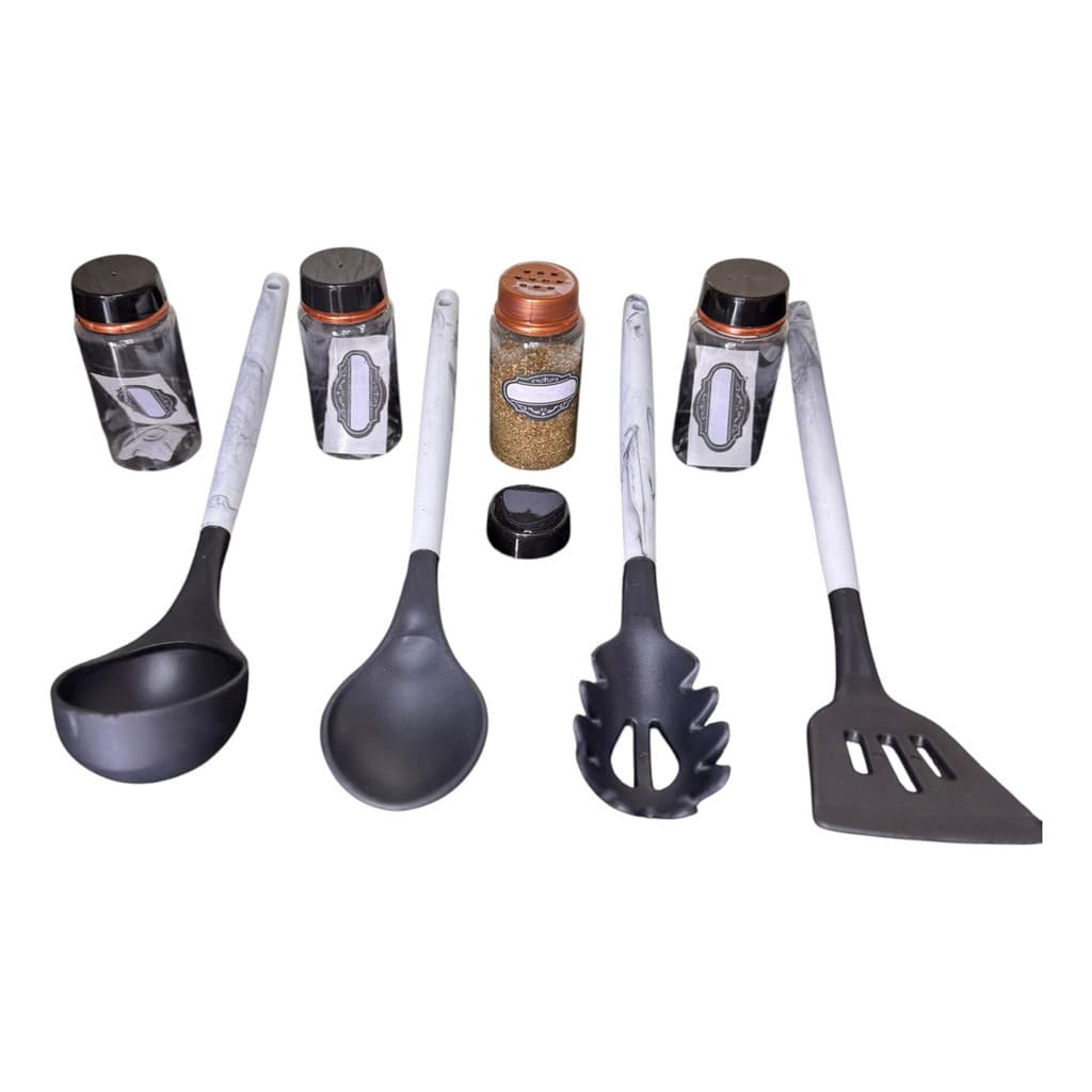 Kit Cozinha 8 Peças - Utensílios Porta-temperos Cor Preta