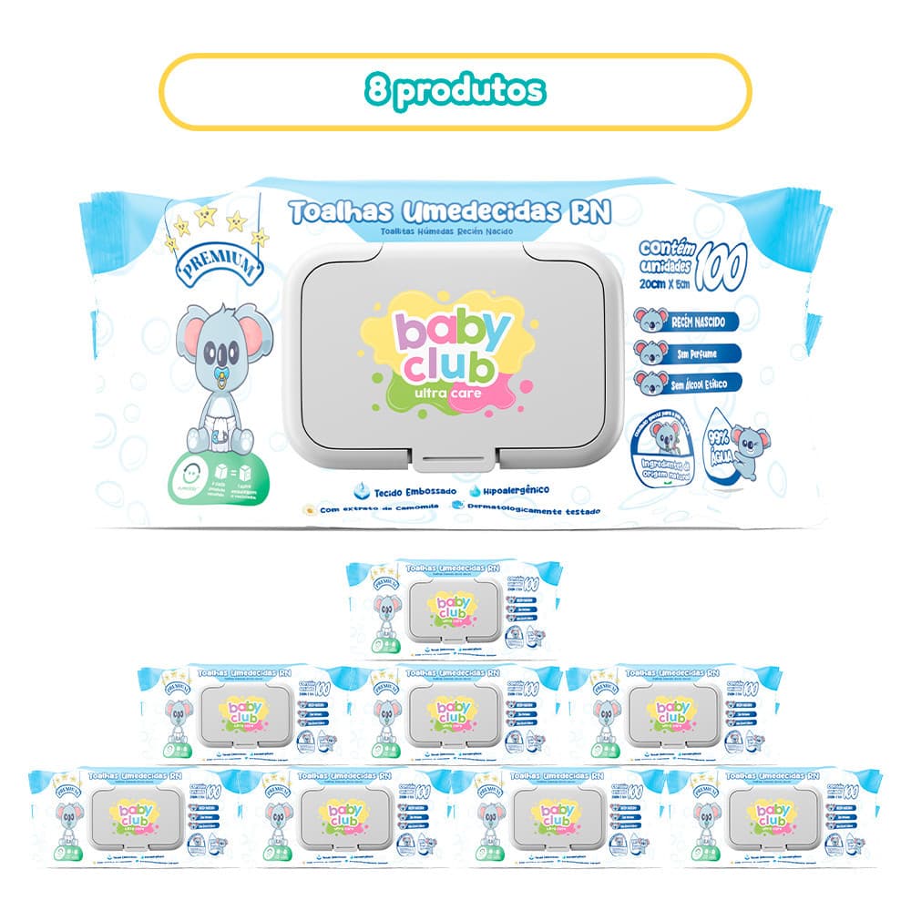 KIT 8 TOALHAS UMEDECIDAS RECEM NASCIDO BABY CLUB PREMIUM 100 FOLHAS CADA