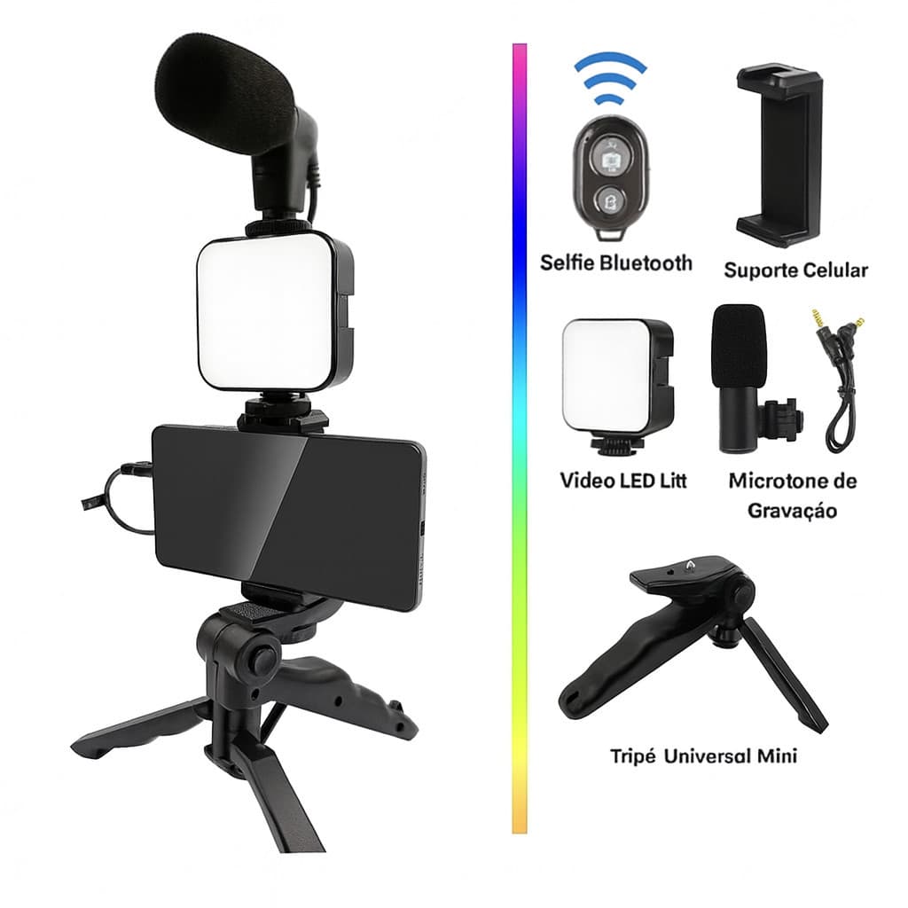 Kit De Fotografia Luz Vídeo Microfone Tripé Dobrável e Suporte Celular Com Controle Bluetooth