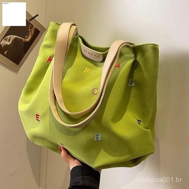 Bolsa De Lona Com Letras Bordadas-Estudante Feminina Da Moda Ótima Capacidade