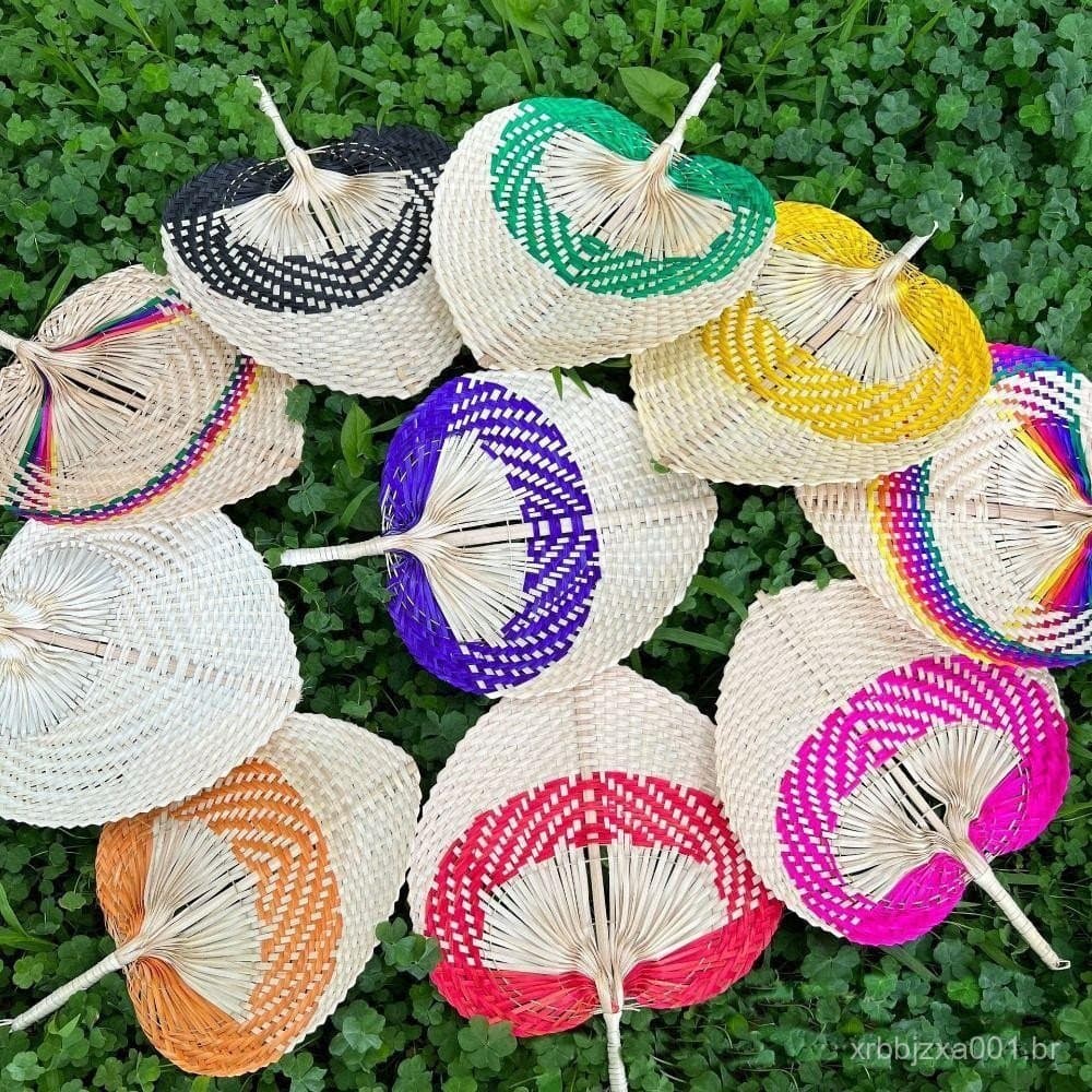Leque de Tecido de Bambu JUNYUE, Portátil, Palha Natural, Rattan, Feito à Mão, Leve e Colorido