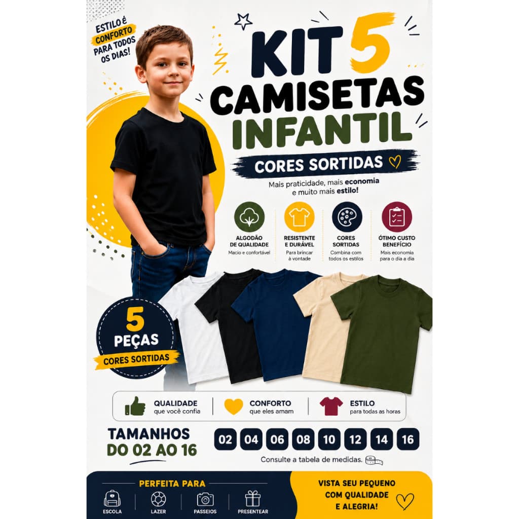 Kit com 5 Camiseta Sortidas Infantil 100% Lisa Básica Manga Curta Unissex Masculina Menino