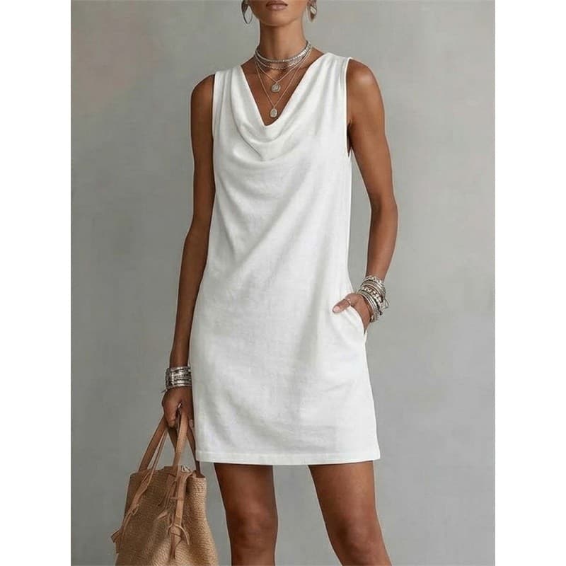 Moda Feminina Vestido Fino Senhoras Saia Magro Sem Mangas Gola Oscilante Feminino