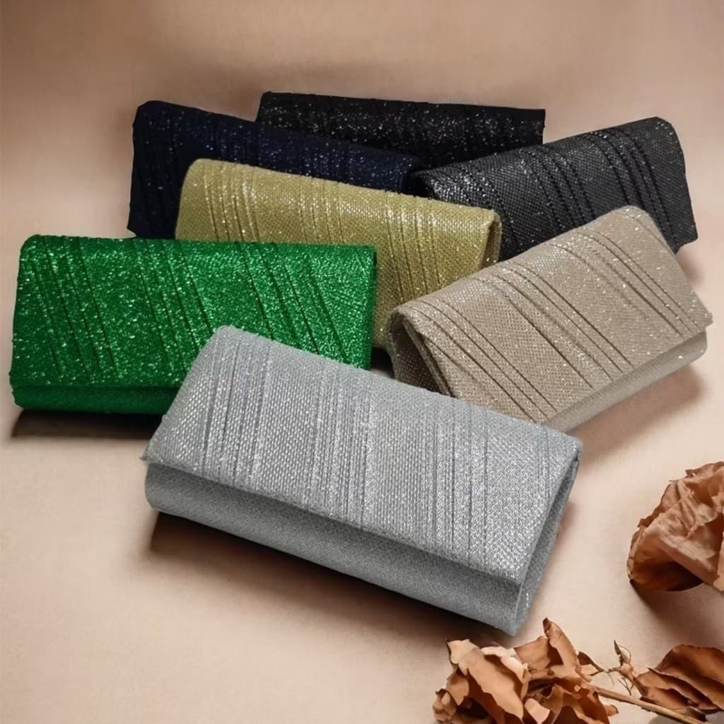 Mala Clutch De Festa Feminina Plissada Com Brilho Carteira De Mão Alça Corrente Casamento Formatura