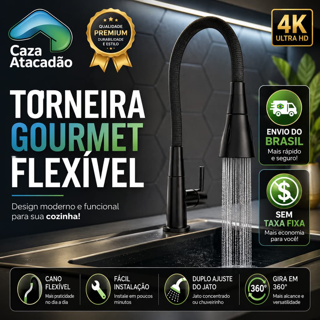 Torneira Bancada Cozinha Gourmet Preta Flexivel 2 Jatos 1/4 de volta para mesa pia bancada e mármore