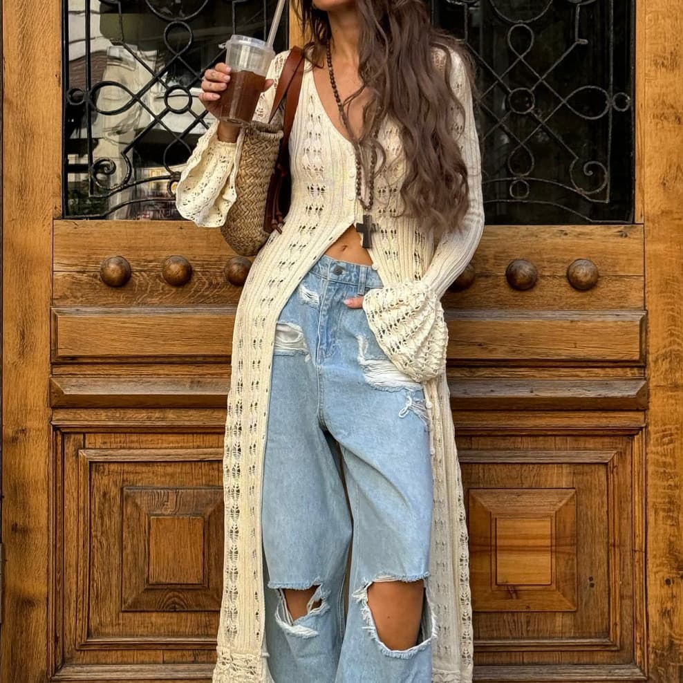 Cardigan de malha oca europeu americano outono único feminino oco crochê High-End cardigan de malha longa