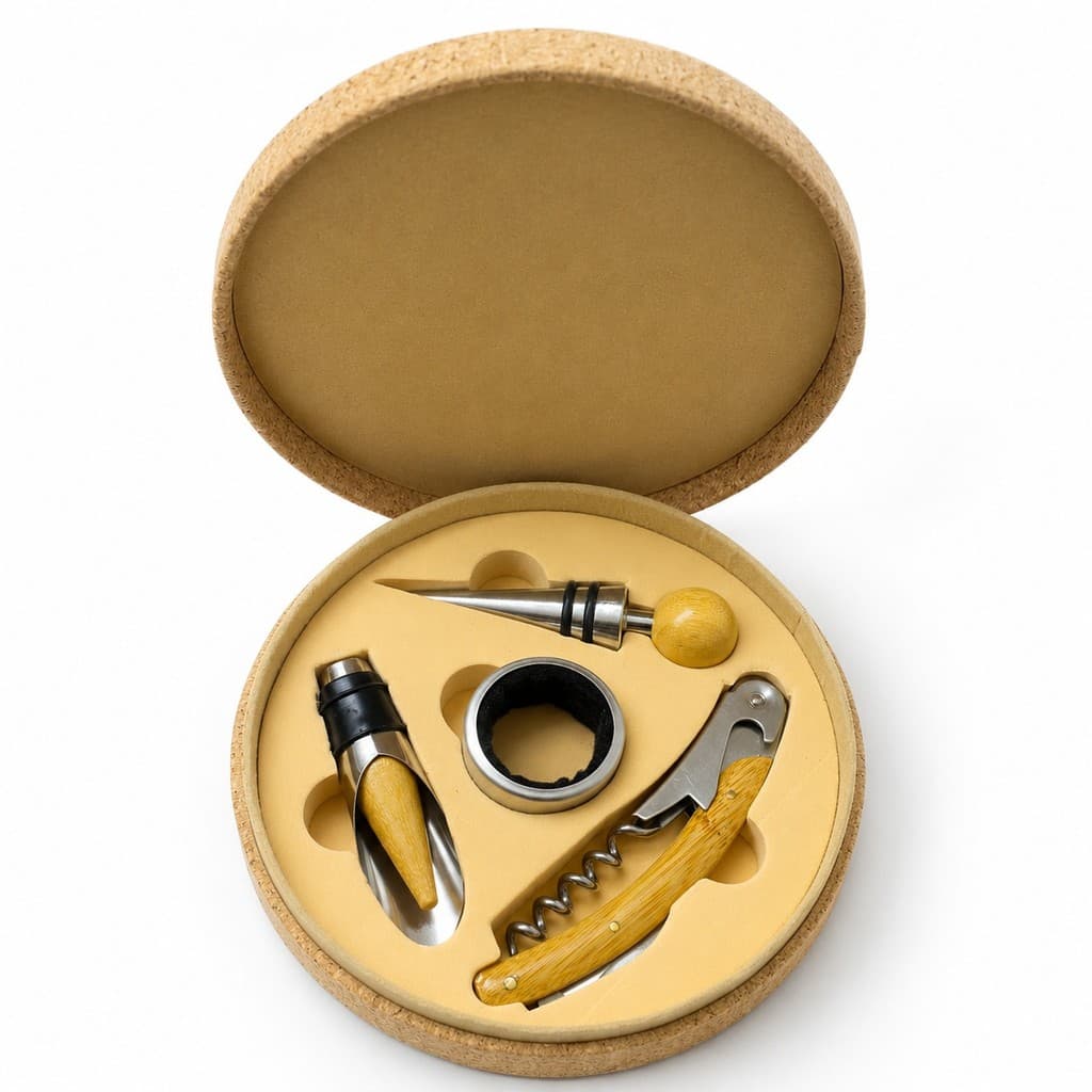 Kit Vinho 5 Peças Redondo com Estojo Saca-Rolhas Dosador e Corta-Gotas