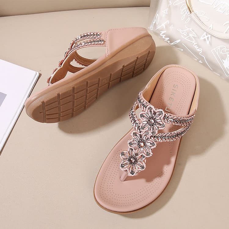Flip flop sandália verão Retro flor frisado strass All-Match macio confortável sandálias de tamanho grande feminino