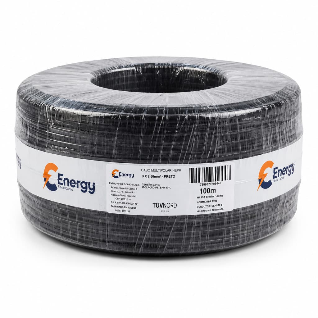 Cabo Flexível Multipolar Energy 3x2,5mm HEPR 90°C 0,6/1kV Rolo 100m Antichamas