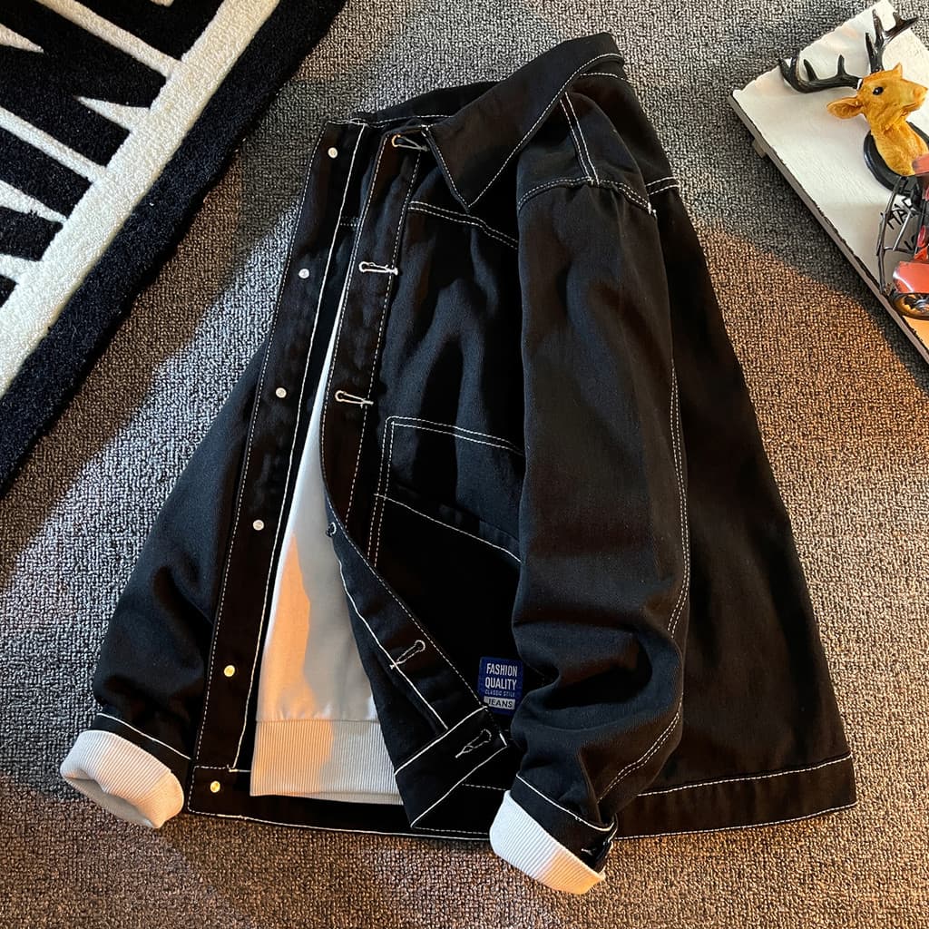 Jiming linha Denim jaqueta masculina preto primavera versão coreana na moda rufião bonito Street Wear macacão jaqueta Ca