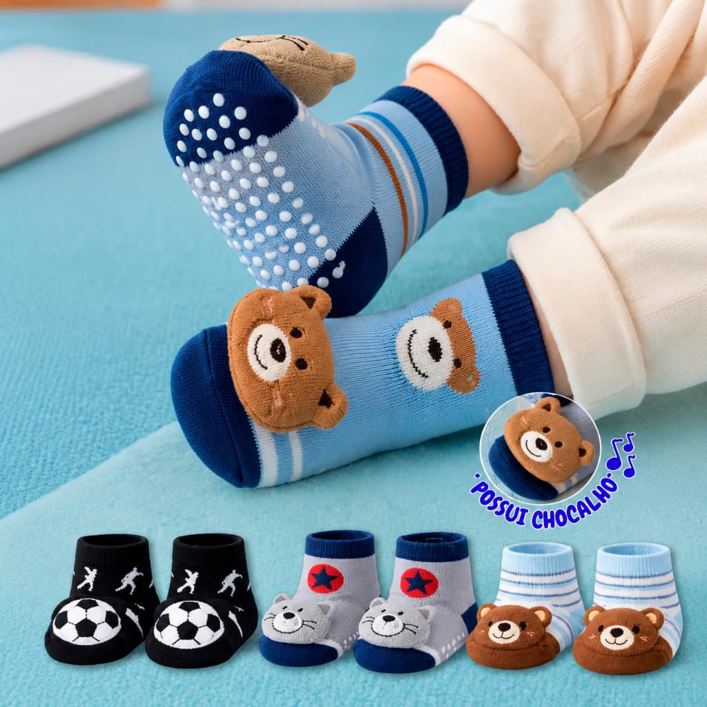 Kit 5 ou Kit 10 Pares Meia Infantil Bebê Pantufa 3D Bichinho Antiderrapante RN Menino Menina Unissex