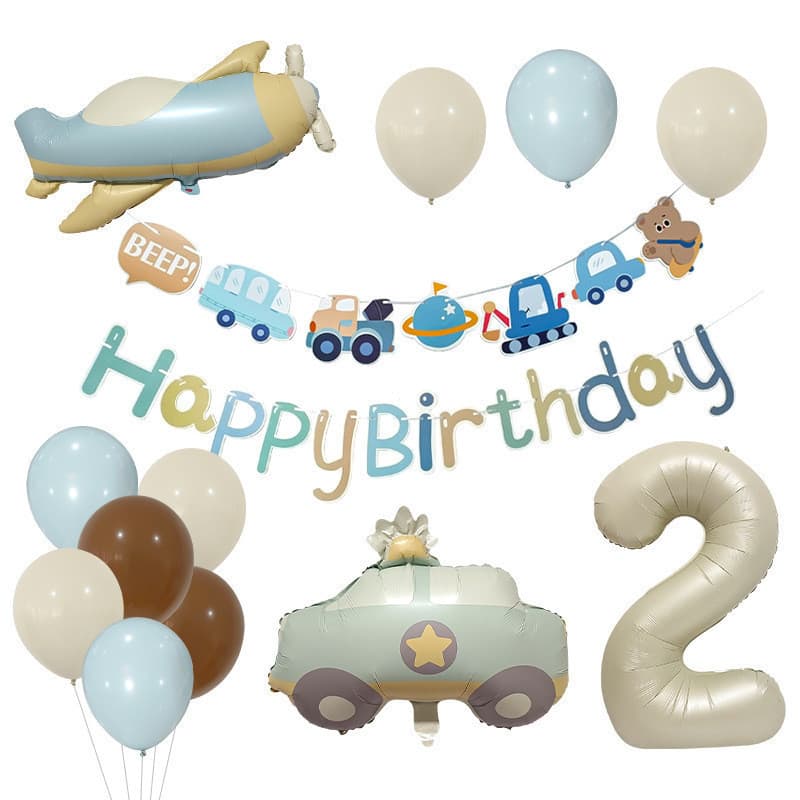 Conjunto de Balões para Festa de Aniversário de Bebê, Números em Cor Creme e Decoração de Fundo com Avião BDIV GRGG