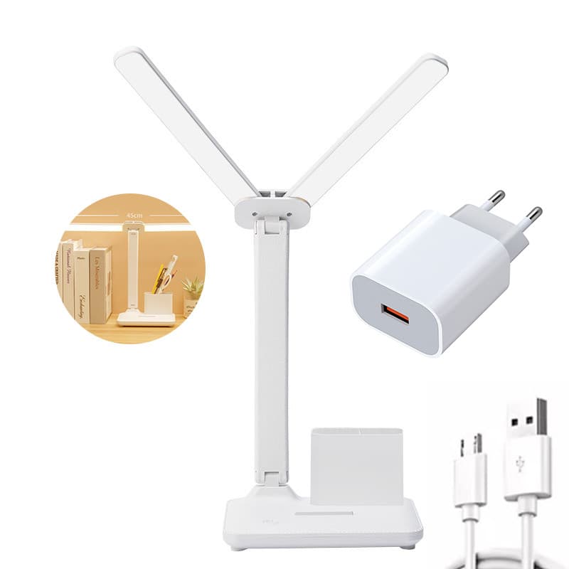 Luminária de Mesa Dupla Cabeça LED Dobrável Inteligente 3 Temperaturas de Cor Dimerizável USB Recarregável Porta-Canetas