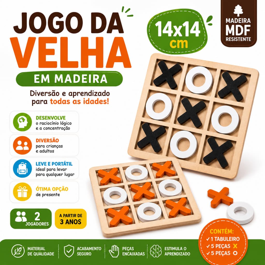 Jogo da Velha de Madeira 14x14 cm | Jogo Educativo Infantil | Brinquedo Pedagógico MDF | Presente Criança