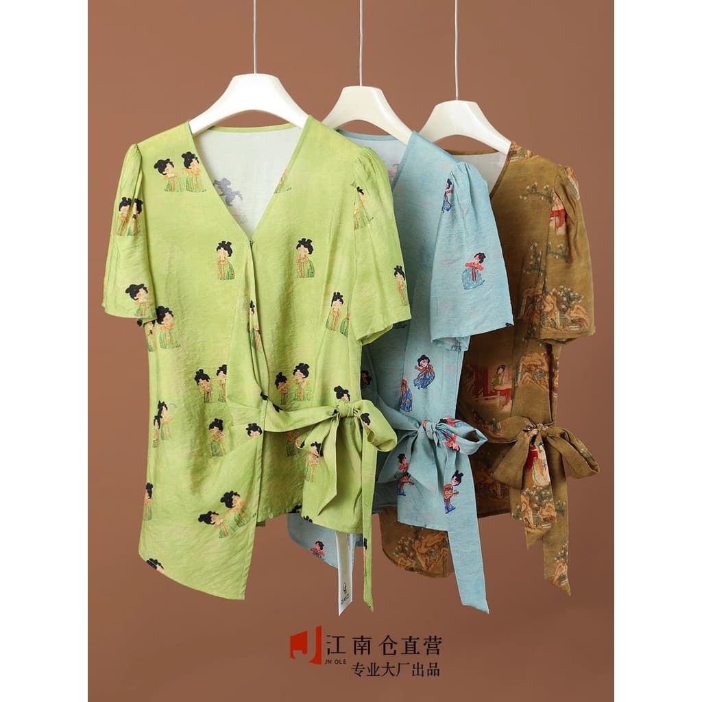 Jiangnancang|Perder liberação!Novo estilo chinês!Luz madura estilo dinheiro velho mulheres europeias verão impresso cami