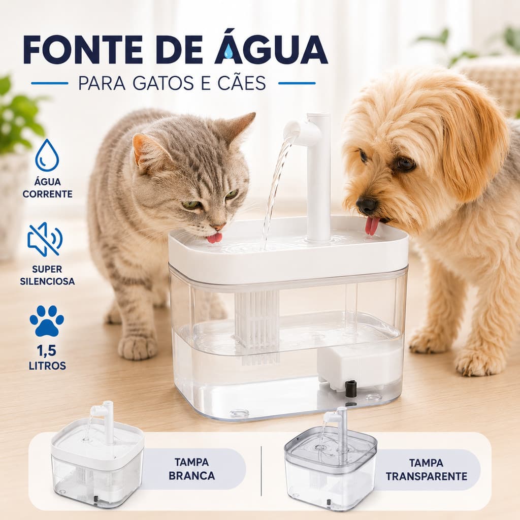 Fonte Bebedouro de Agua Corrente 1,5L Automática para Gatos USB Silenciosa com Filtro