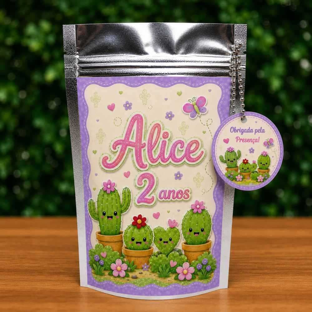 Saquinho Metalizado Ziplock Cactos Personalizado /Lembrancinha de Festa /Aniversário