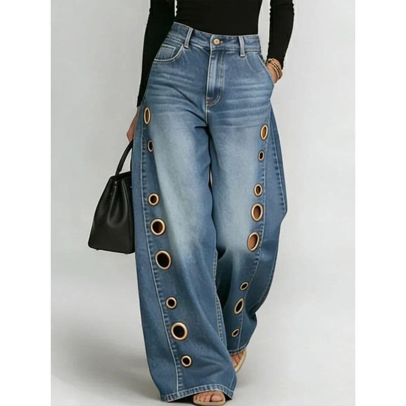 Jeans feminino Metal buraco olho Design Casual solto cintura alta perna larga jeans