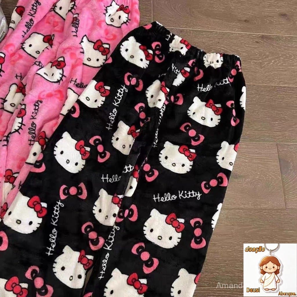 Pijama Macio Estampado Hello Kitty Cartoon Padrão Calças Para Mulheres