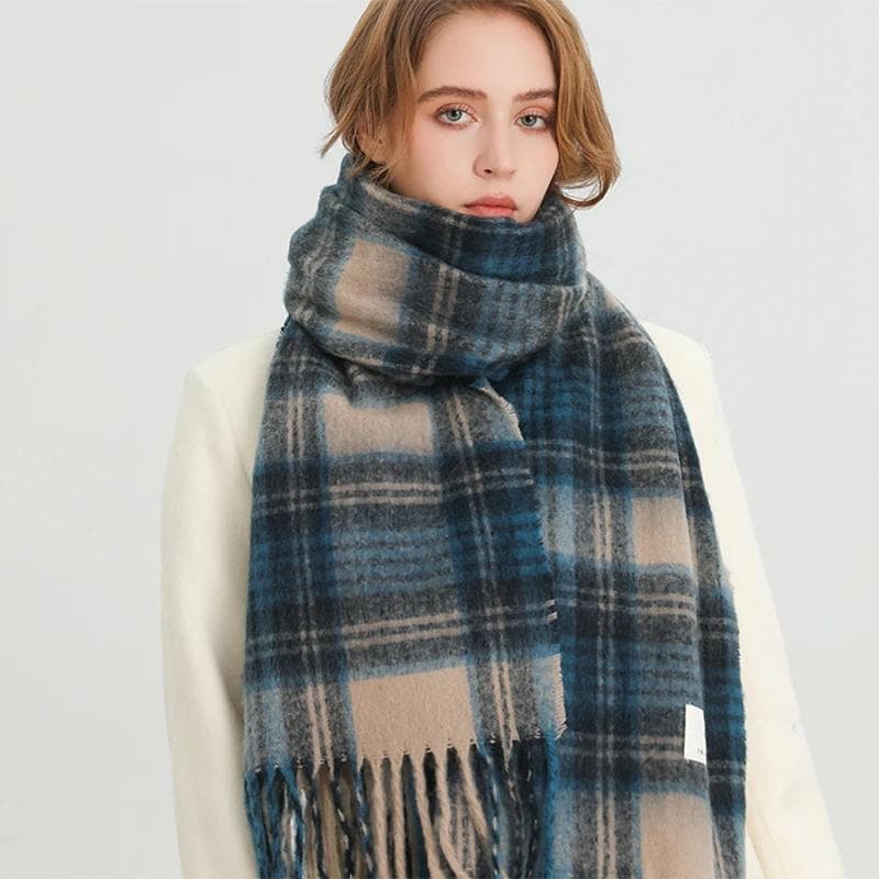 Cachecol De Inverno Feminino Cor Bloqueada Grade Cashmere Quente Pashmina Cobertor Envolve Grosso Macio Bufanda Borla Xa