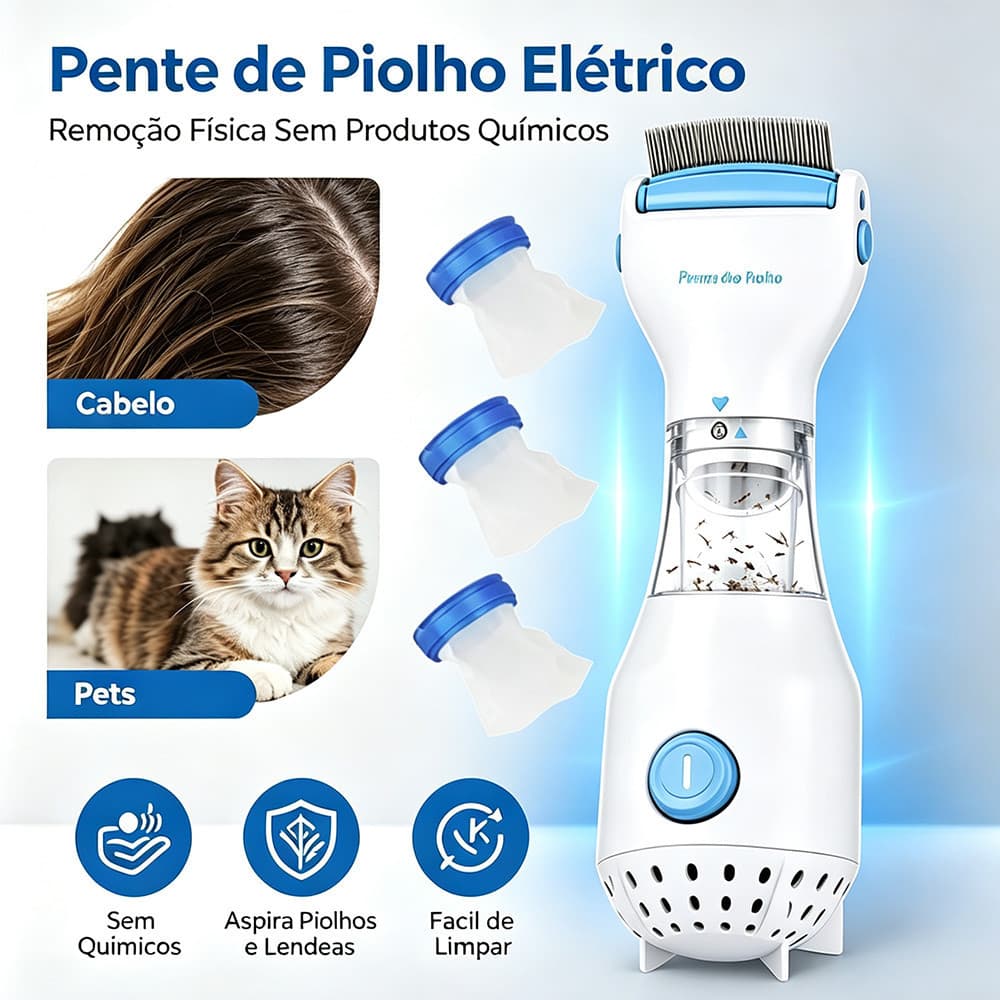 Pente De Piolho Elétrico Aspirador A Vácuo Removedor De Lêndeas Para Crianças Cachorro E Gato Bivolt 110V/220V