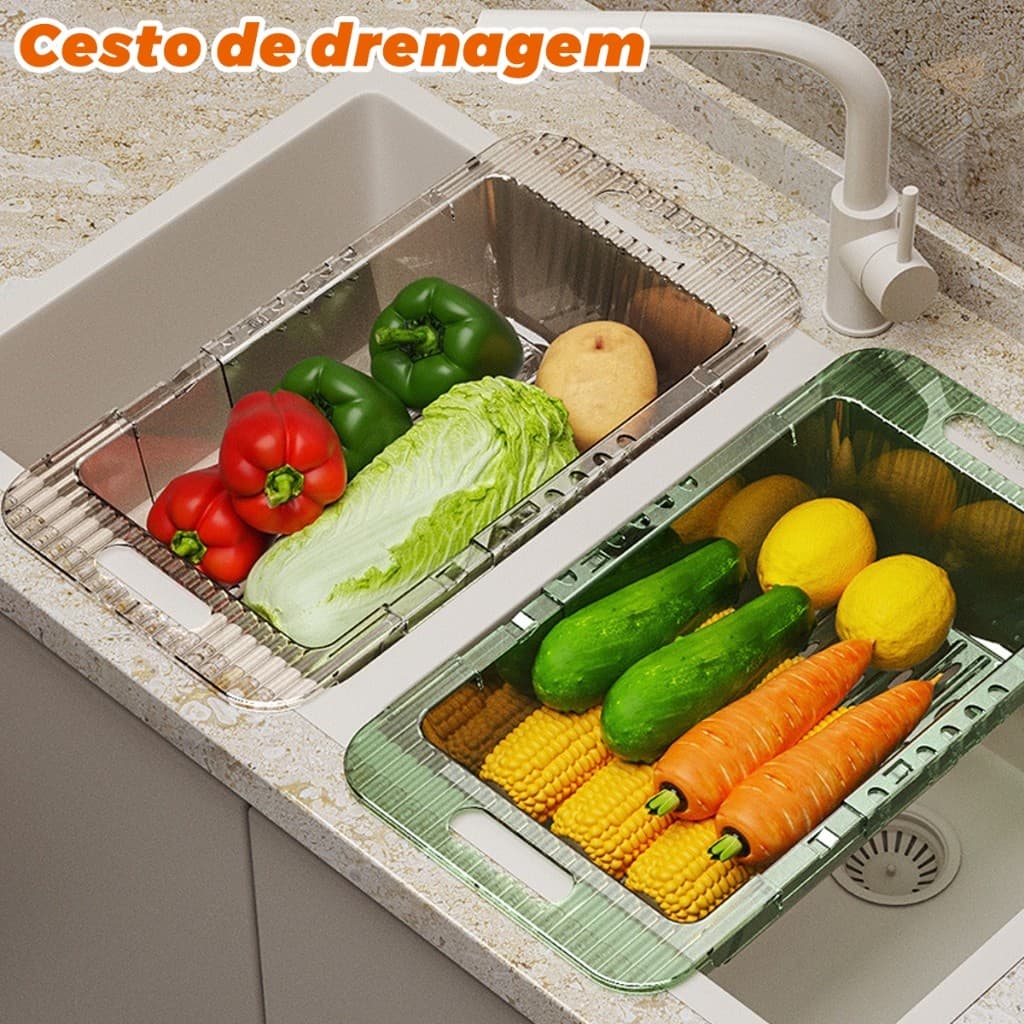 Escorredor de Pia Retrátil Ajustável 36-46,5cm Cesta Multiuso Suporta 20kg Para Massas Frutas Legumes Cozinha