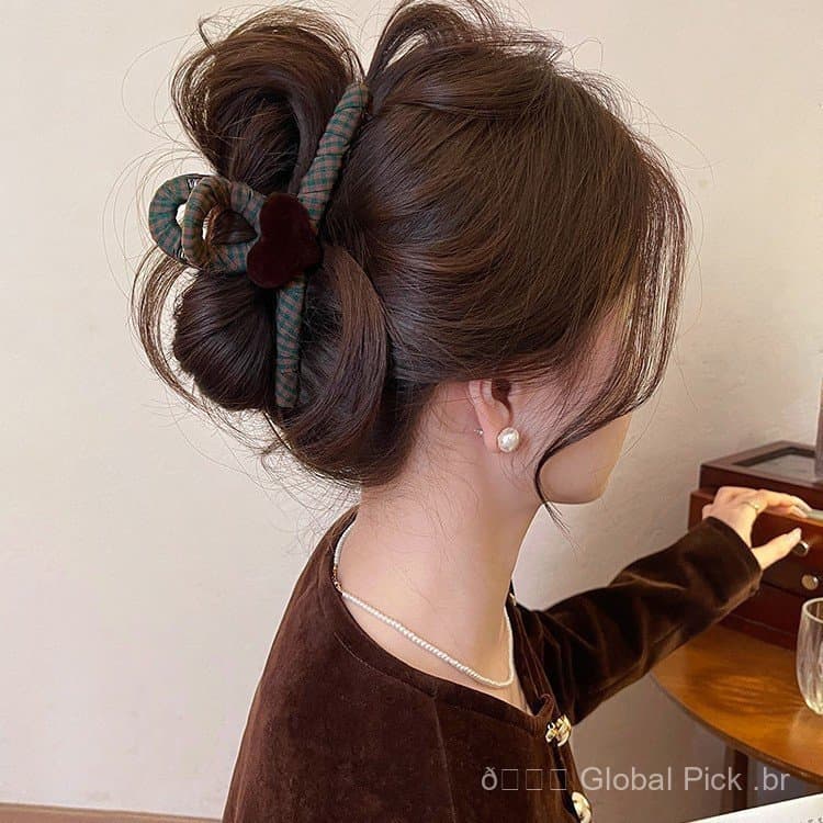Presilha de cabelo em formato de coração xadrez marrom para mulheres, tamanho grande, modelo novo de 2025, adequada para