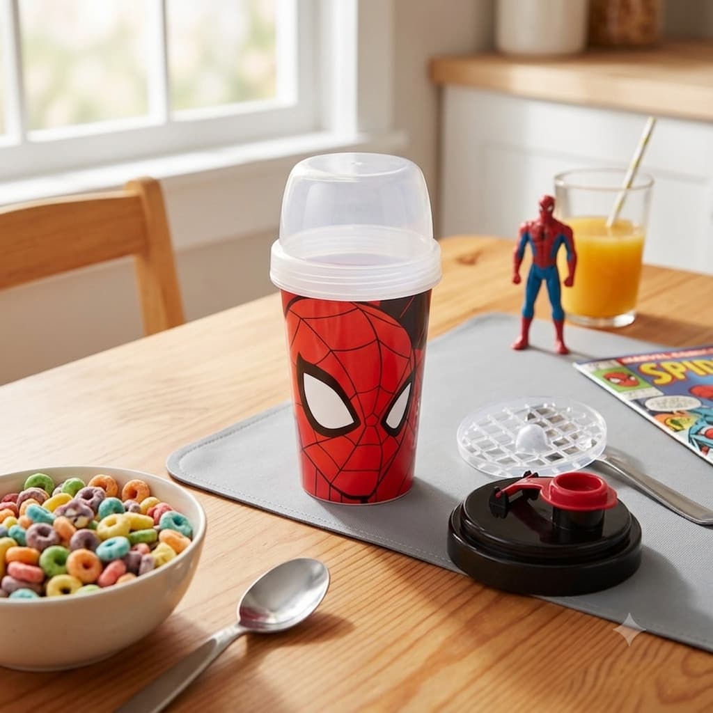 Mini Shakeira Homem Aranha 320ml Infantil Tampa Misturador Plástico Plasutil Passeio Escola