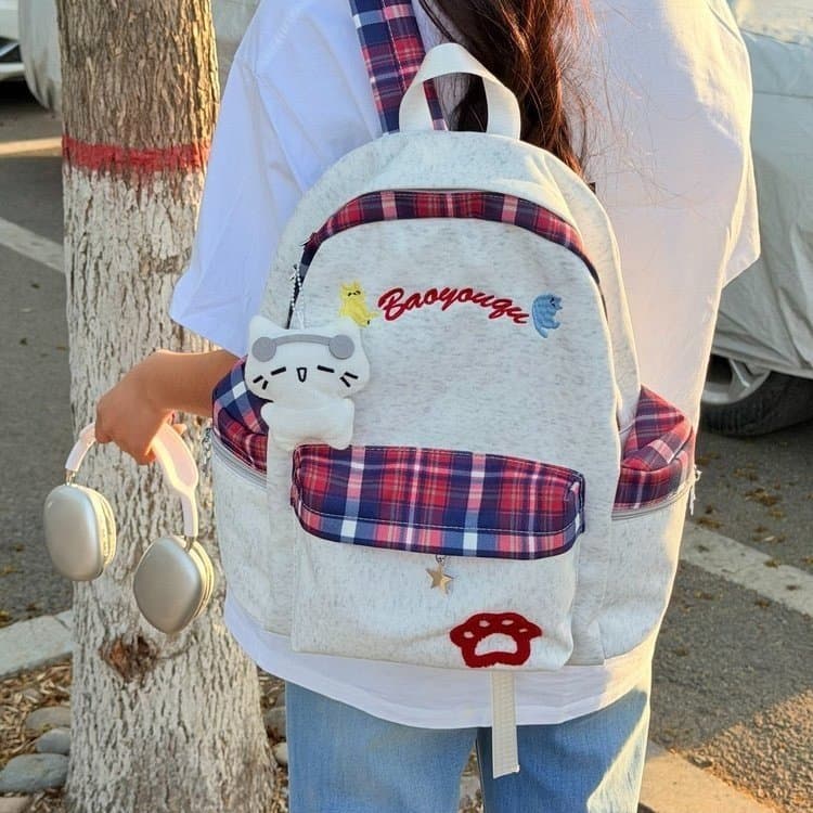 Americano Retro xadrez mochila feminina estudante universitário nicho bonito dos desenhos animados gato mochila grande c