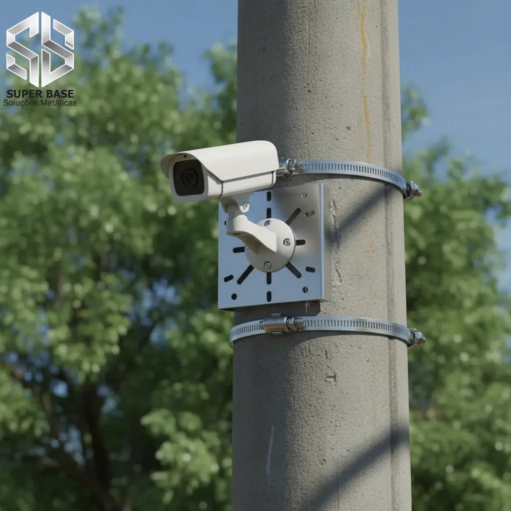Kit Suporte Para Instalar Câmera Em Poste Com Abraçadeiras Parafusos Base Metálica Segurança Externa