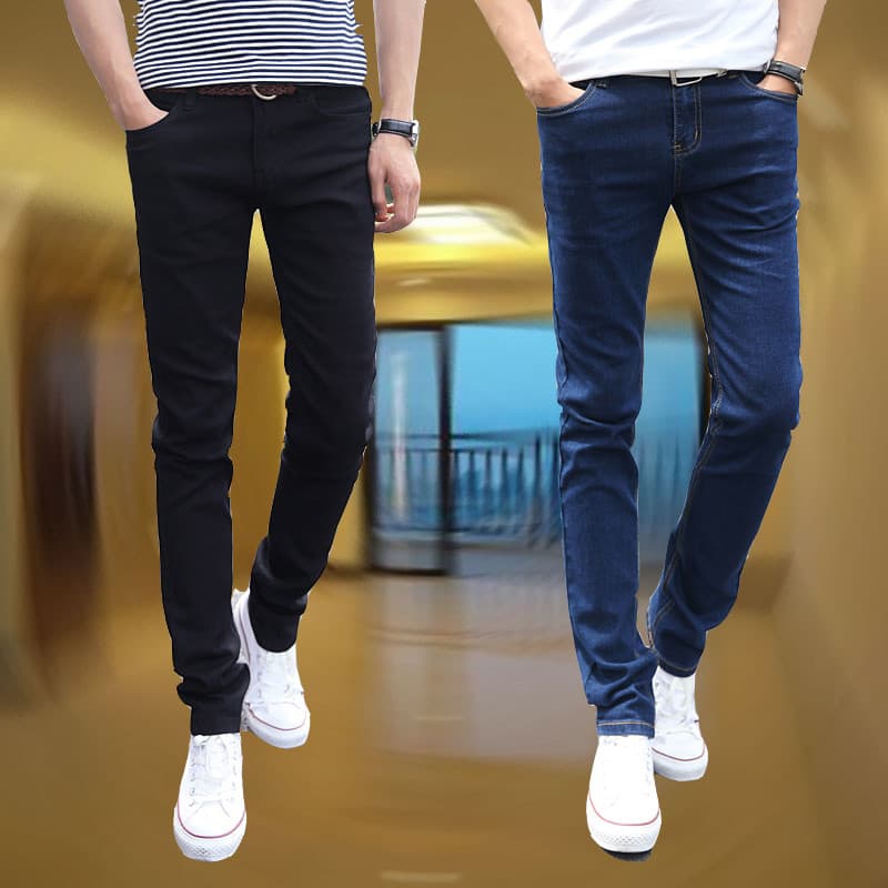 Calças de brim magras masculinas estiramento calças compridas calças masculinas clássico fino grosso moda céu azul estil