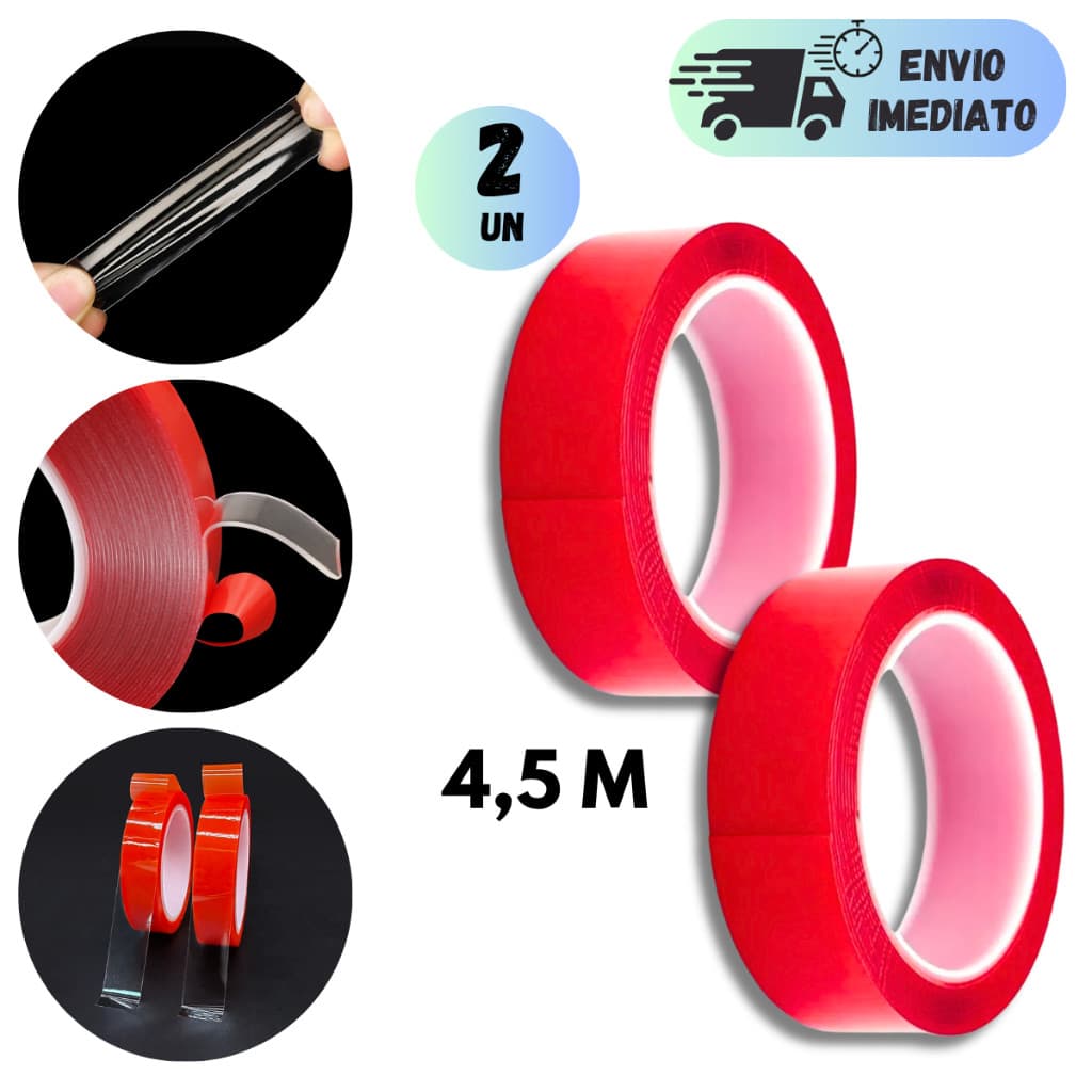 KIT 2 FITA DUPLA FACE TRANSPARENTE 4,5 METROS FIXA FORTE AUTO COLANTE MALEAVEL LAVAVEL PAREDE