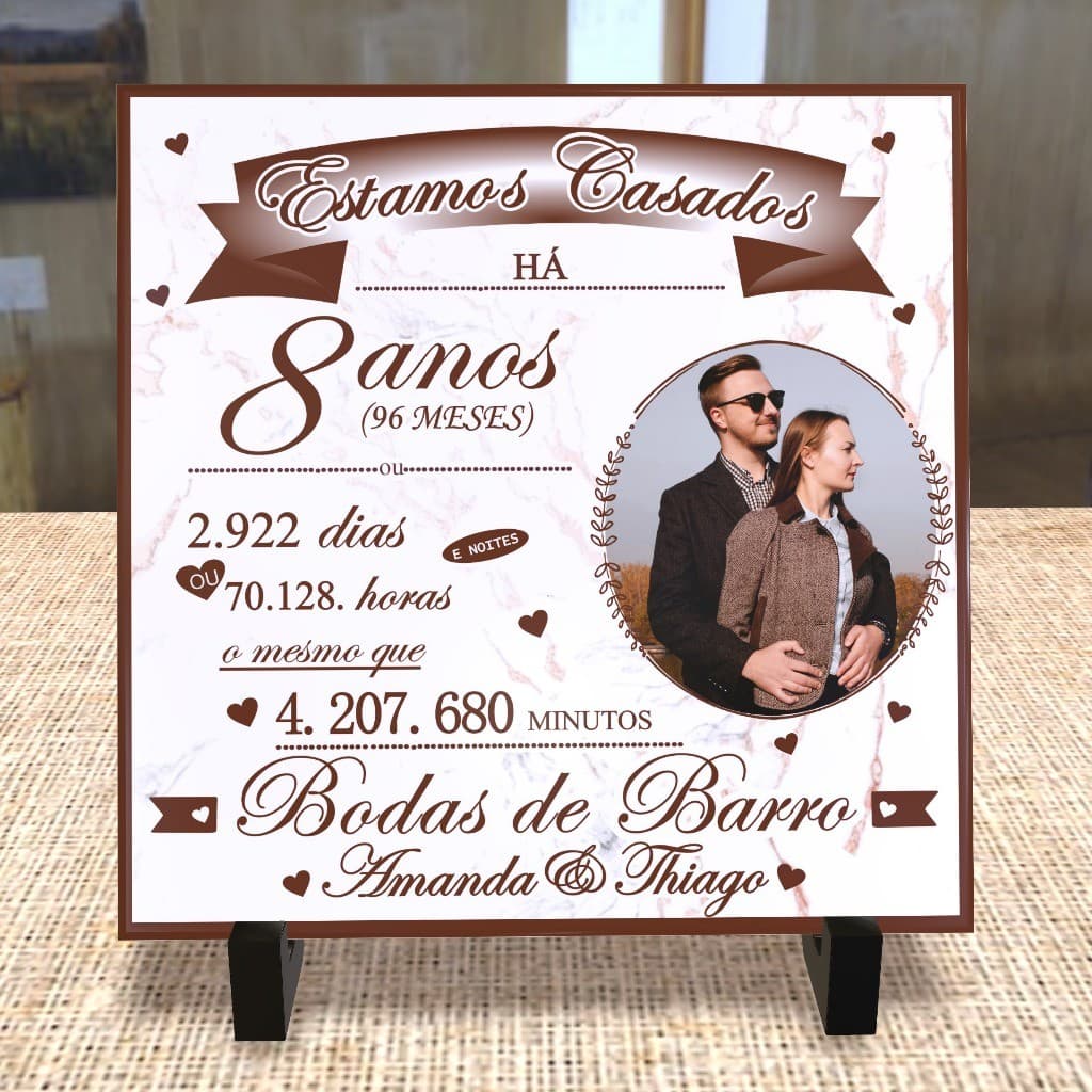 Azulejo Personalizado para Bodas de Barro com Foto-8 Anos Casados