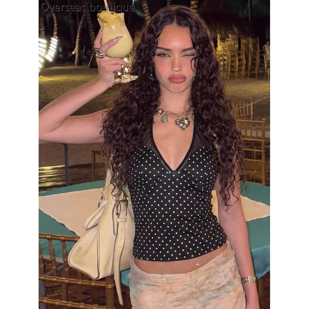 Wave Point Neck Top Roupas Polka Dot Halter Collar Halterneck Slim-fit Colete Top Cintura Estreita