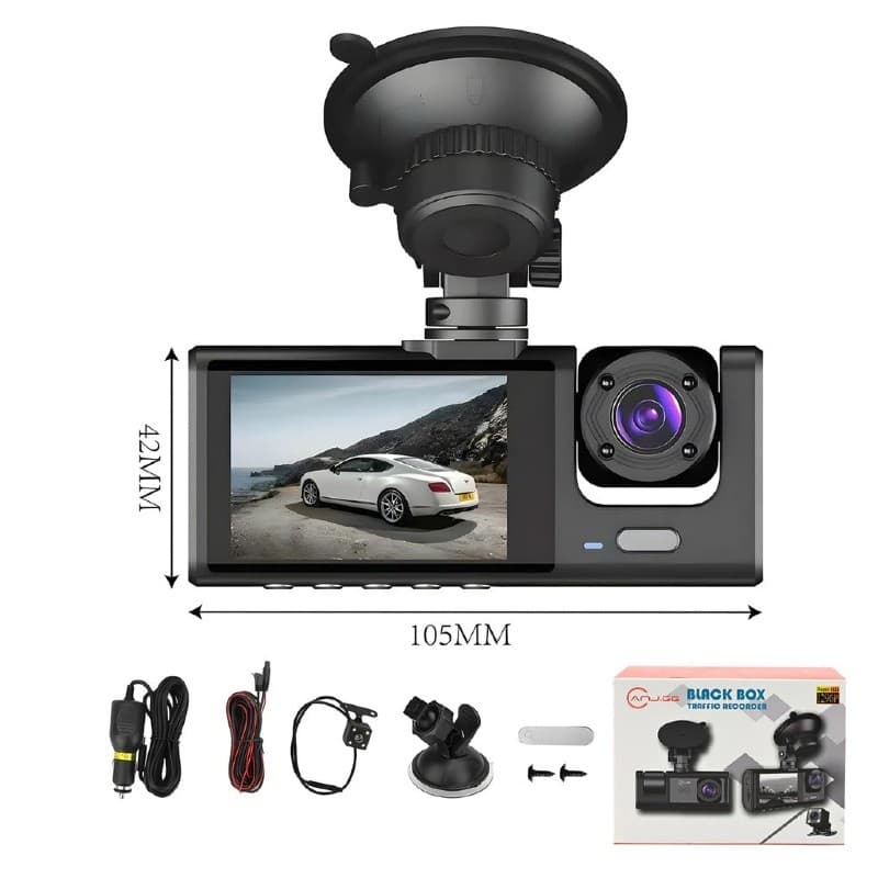 Câmera Veicular Full HD 1080p 3 Lentes (Frontal + Interna + Traseira) com Tela LCD | DVR Automotivo com Visão Noturna