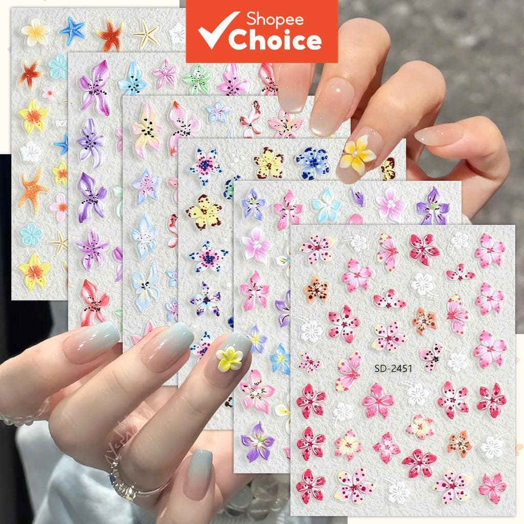 3/6/12 Folhas Conjunto de Adesivos para Unhas com Flores em Relevo 5D, Estampa de Flor de Cerejeira Colorida, Decalques