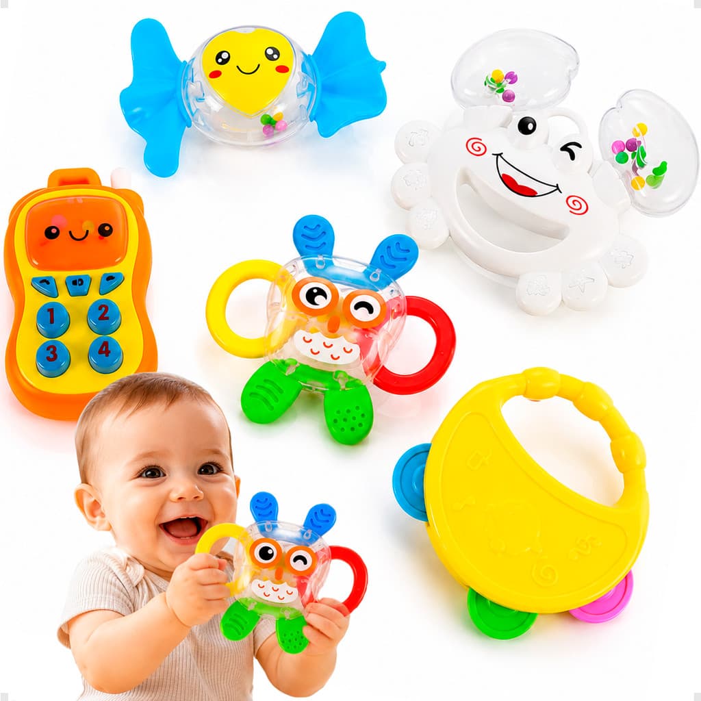 Kit 5 peças Chocalho para Bebe Sensorial Montessori Educativo Baby Mordedor